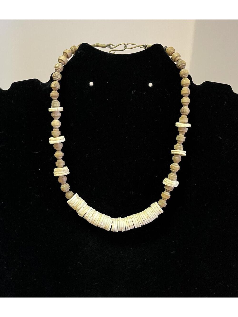 Handmade Natural Wood and Shell Beaded Necklace